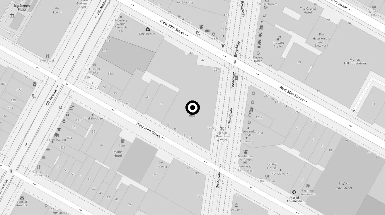 Map showing Virgin Hotels New York City at 1227 Broadway, in the NoMad district of Manhattan
